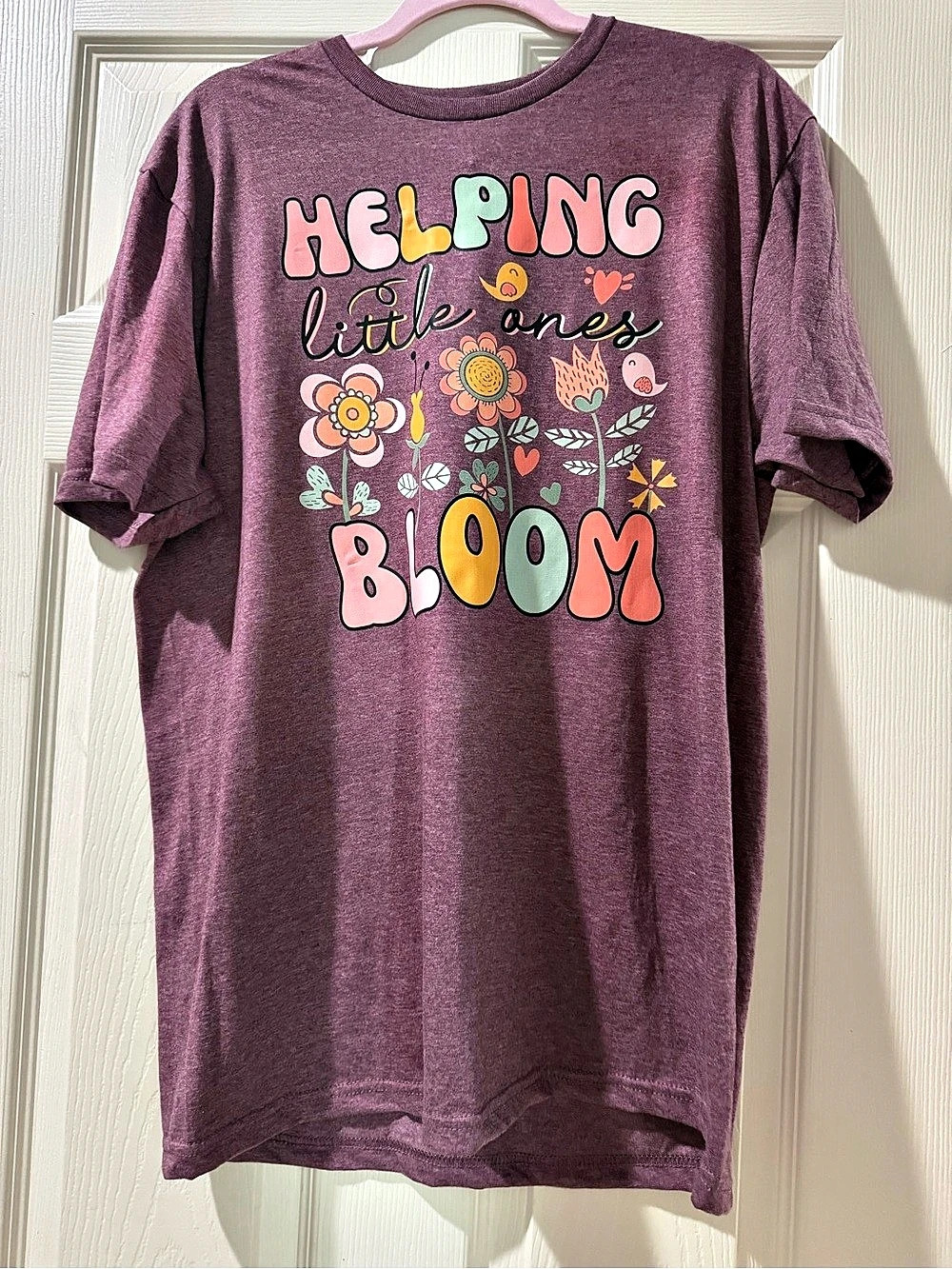 Teacher Tee “ Helping Little Ones Bloom” Purple Size Large Like New